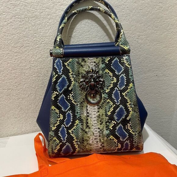 Sharif Safari Embossed Snakeskin Leather Satchel Handbag top handle  convertible - Picture 3 of 14